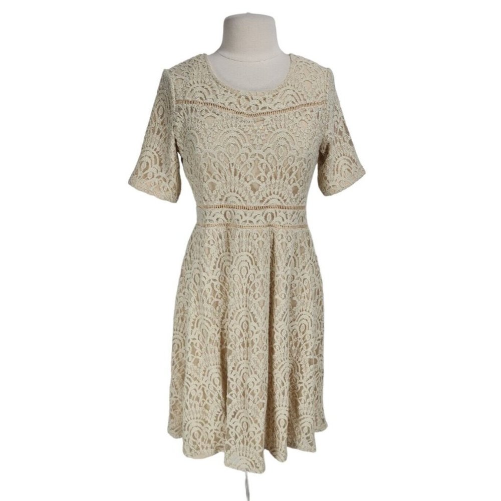 DE COLLECTION Women Size L Beige Floral Lace Mini Fit & Flare Dress Crew NCK 60P
